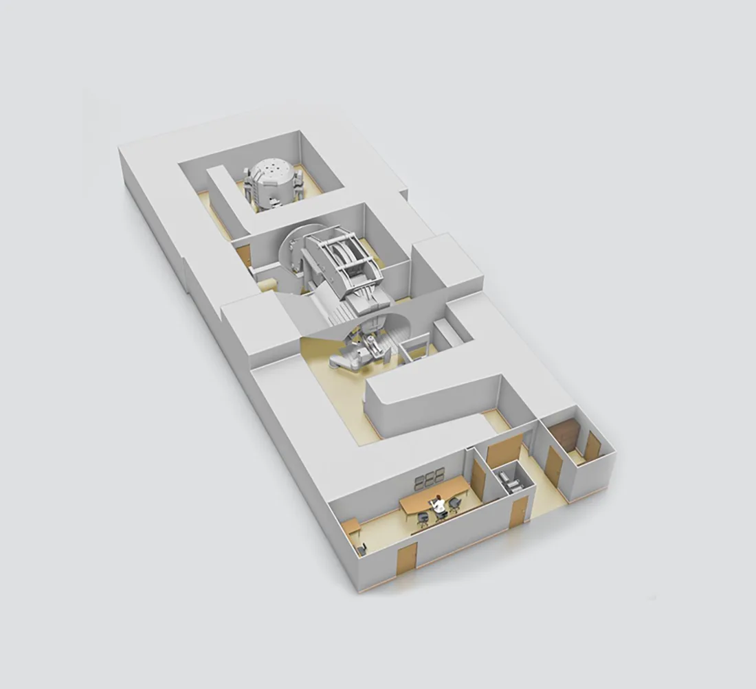 Three-dimensional design rendering of a radiation oncology center